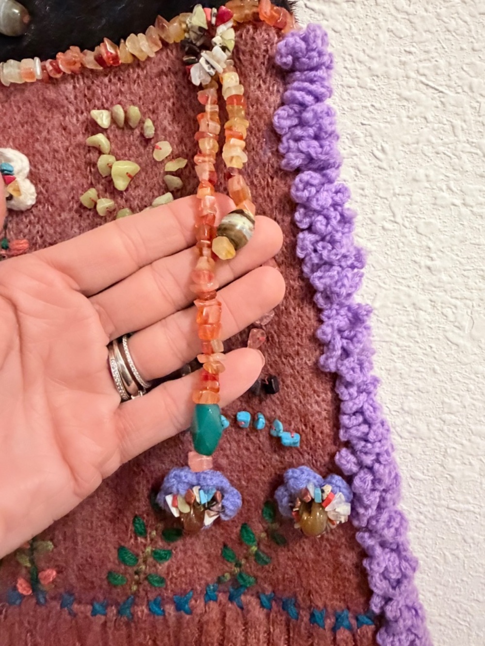 NEW Handmade Artisan Knit Tote Bag Natural Stone Beaded Floral Purse Wood Handle - Picture 4 of 11